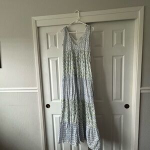 Blue and Green Sleeveless V-Neck Maxi Dress